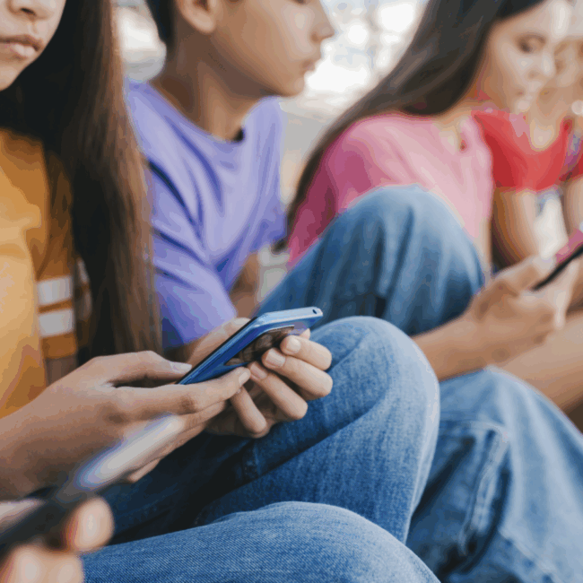 4 adolescents assis les uns à côté des autres avec un téléphone portable dans la main
